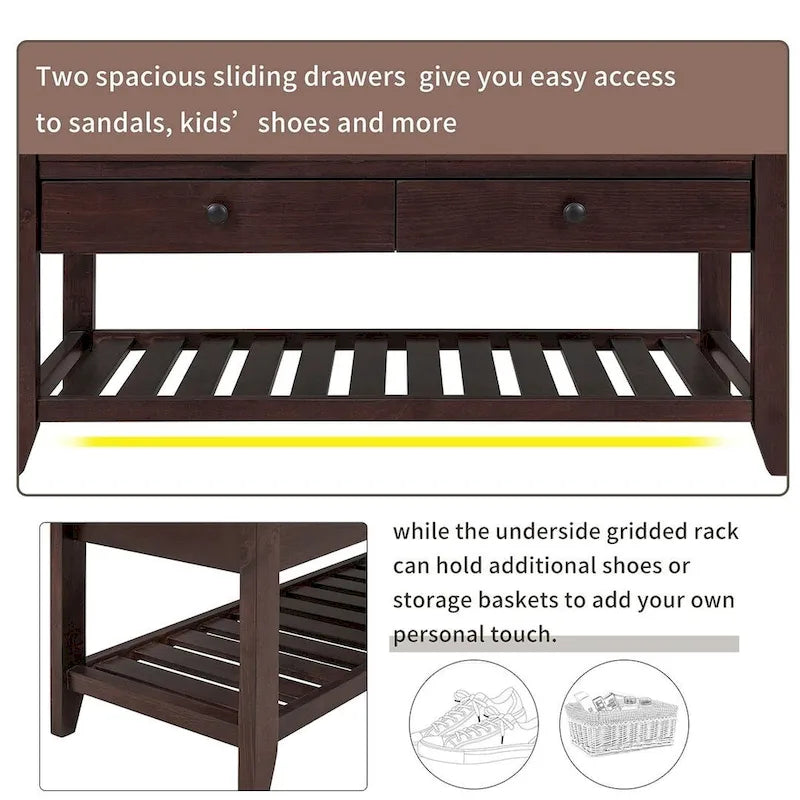 39-Inch Upholstered Storage Bench with 2 Drawers and Shoe Rack