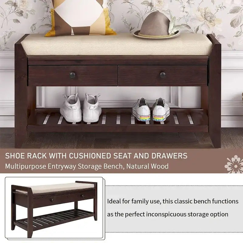 39-Inch Upholstered Storage Bench with 2 Drawers and Shoe Rack