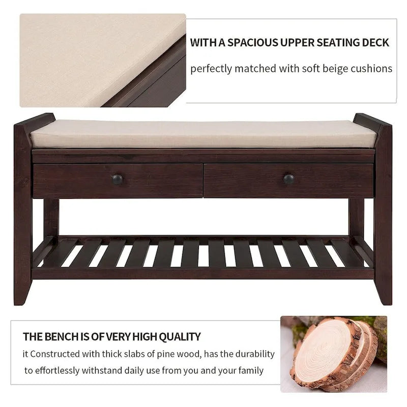 39-Inch Upholstered Storage Bench with 2 Drawers and Shoe Rack