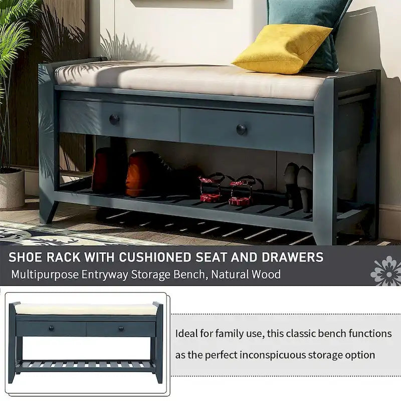 39-Inch Upholstered Storage Bench with 2 Drawers and Shoe Rack