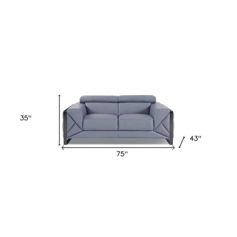 75" Light Blue and Black Leather Loveseat