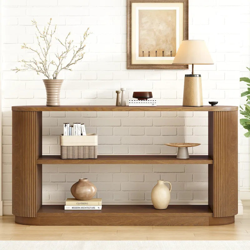 Console Table with Open Shelves and Fluted Wood Veneer