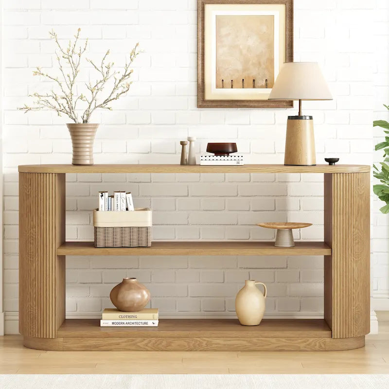 Console Table with Open Shelves and Fluted Wood Veneer