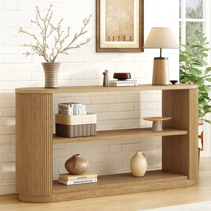 Console Table with Open Shelves and Fluted Wood Veneer