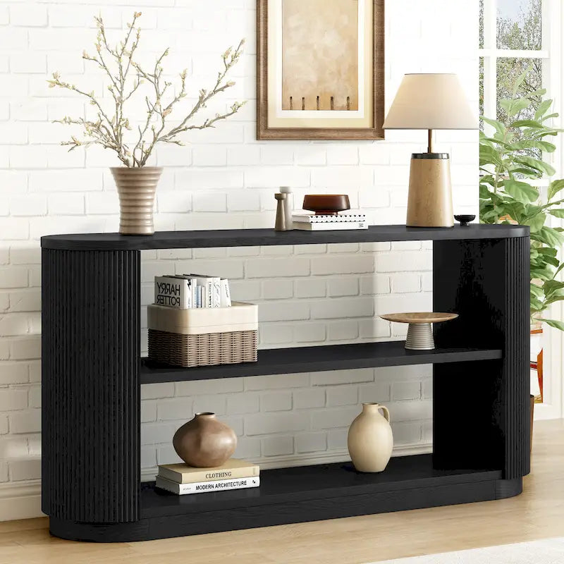 Console Table with Open Shelves and Fluted Wood Veneer