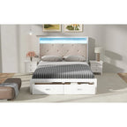 Queen Size Platform Bed with Upholstered Headboard, LED, and 2 Drawers