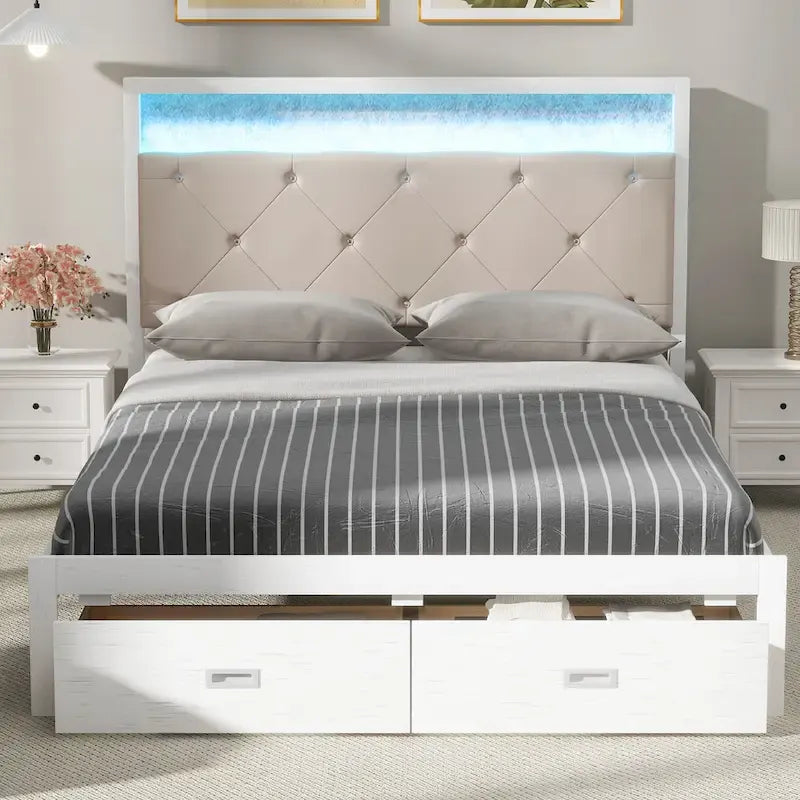 Queen Size Platform Bed with Upholstered Headboard, LED, and 2 Drawers