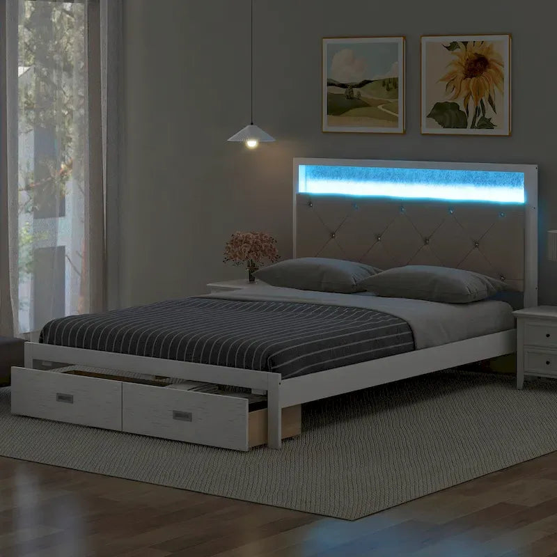 Queen Size Platform Bed with Upholstered Headboard, LED, and 2 Drawers
