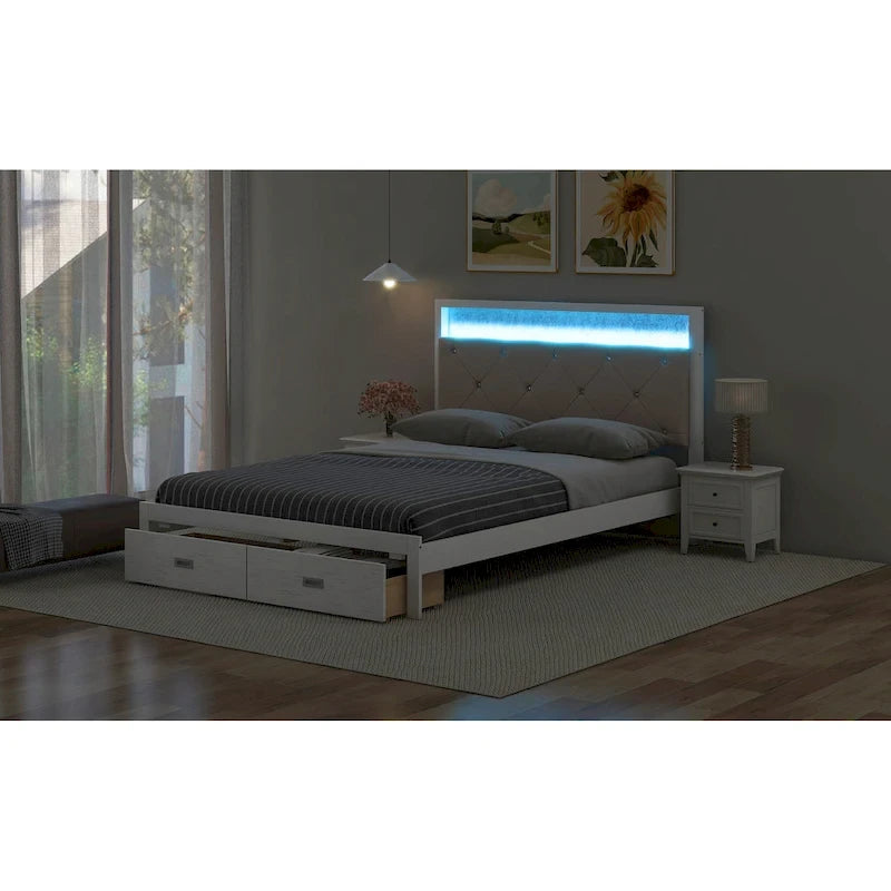 Queen Size Platform Bed with Upholstered Headboard, LED, and 2 Drawers