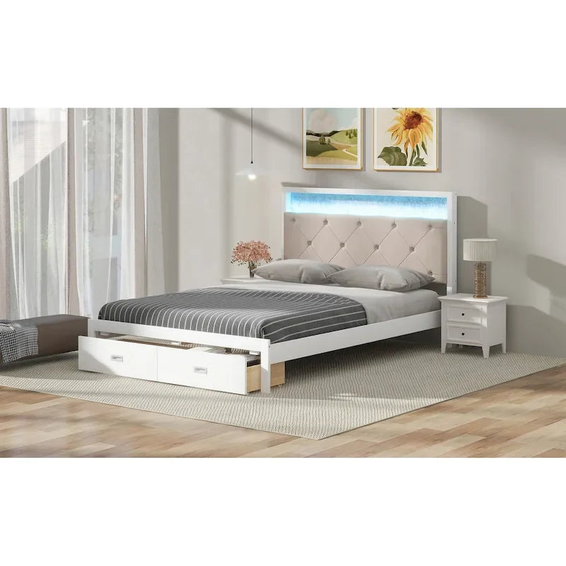Queen Size Platform Bed with Upholstered Headboard, LED, and 2 Drawers