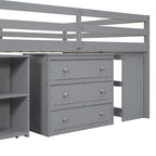 Full Size Loft Bed with Retractable Writing Desk and 3 Drawers, Wooden Loft Bed with Storage Stairs and Shelves