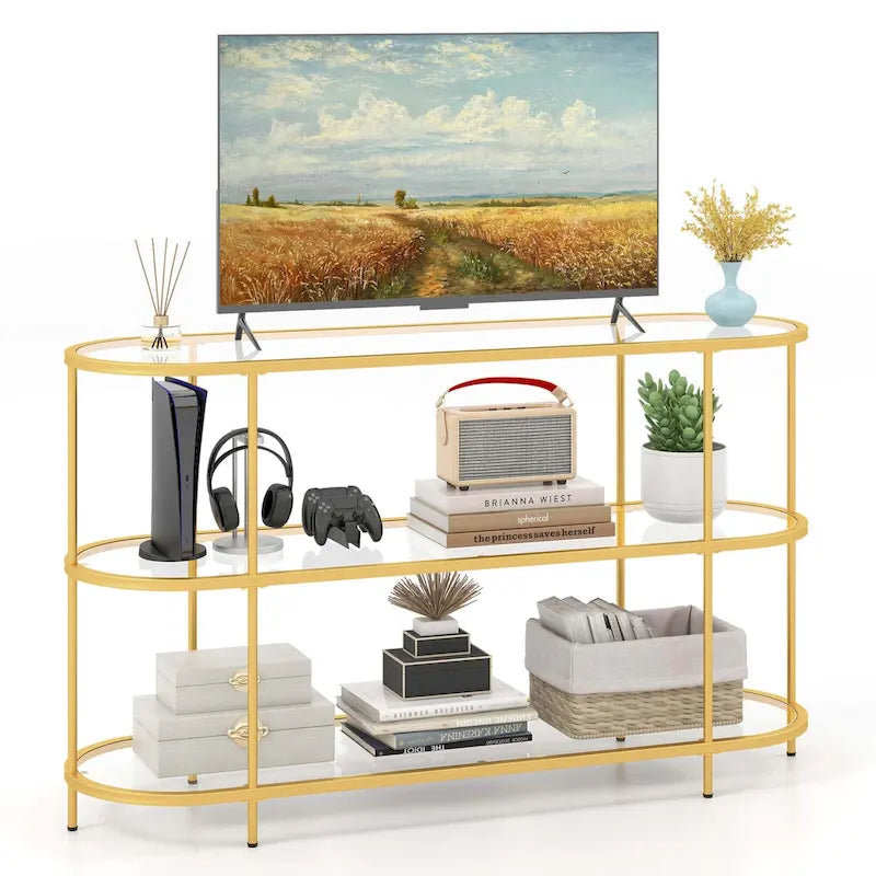 3-Tier TV Stand for TVs up to 65" with Tempered Glass Shelves - Gold