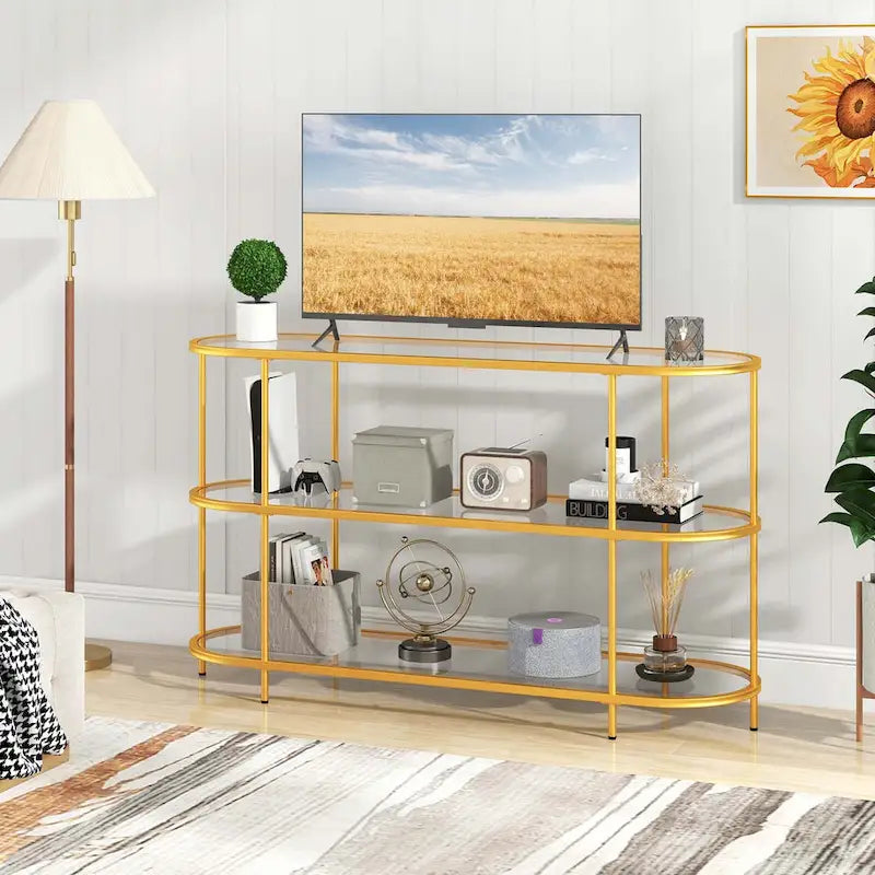 3-Tier TV Stand for TVs up to 65" with Tempered Glass Shelves - Gold