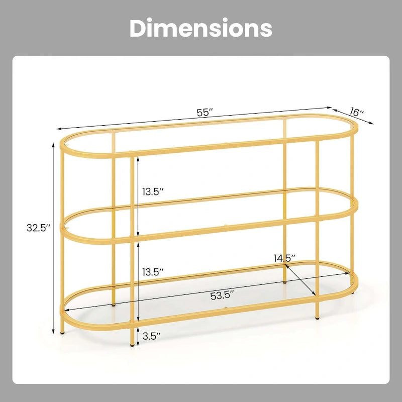 3-Tier TV Stand for TVs up to 65" with Tempered Glass Shelves - Gold