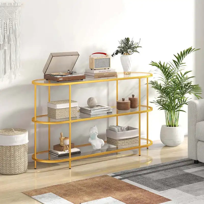 3-Tier TV Stand for TVs up to 65" with Tempered Glass Shelves - Gold