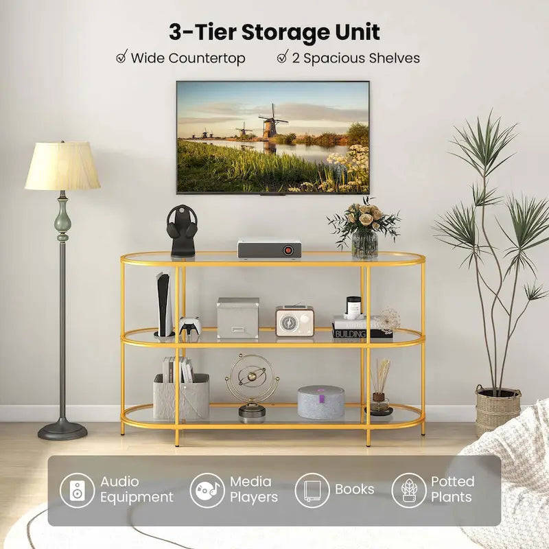 3-Tier TV Stand for TVs up to 65" with Tempered Glass Shelves - Gold