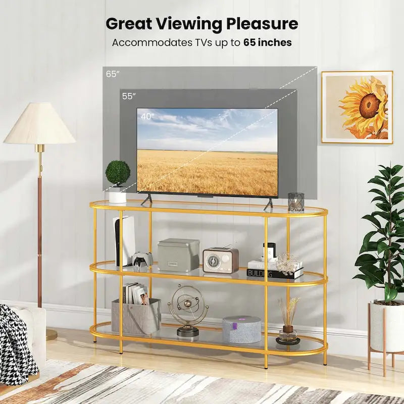 3-Tier TV Stand for TVs up to 65" with Tempered Glass Shelves - Gold