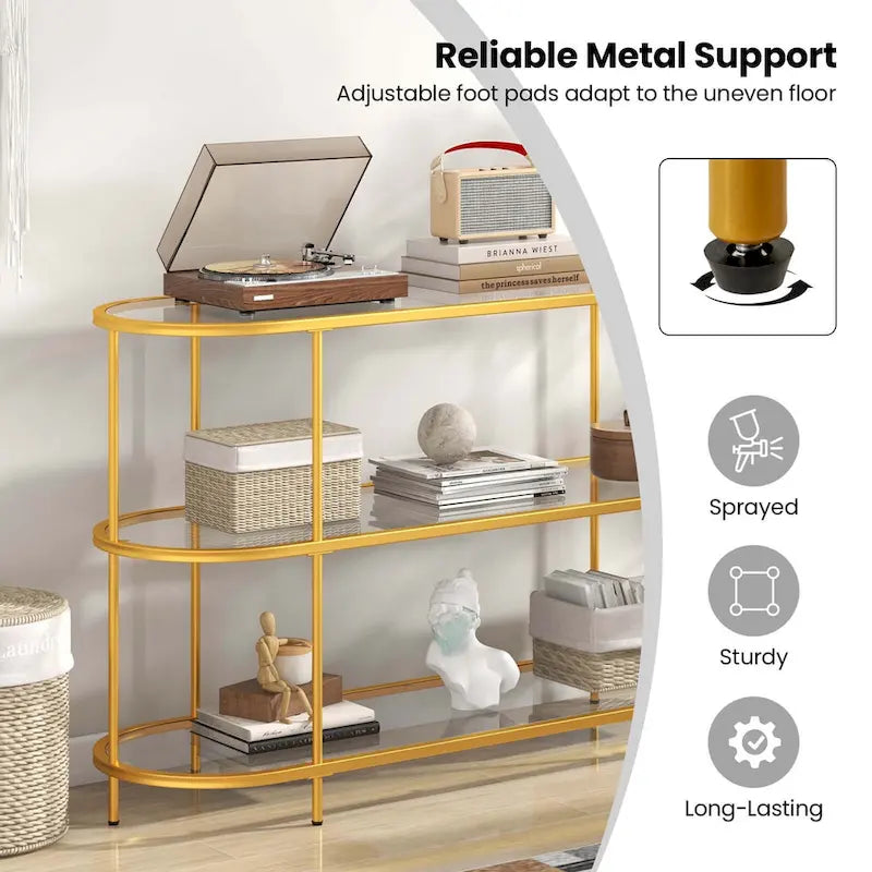 3-Tier TV Stand for TVs up to 65" with Tempered Glass Shelves - Gold