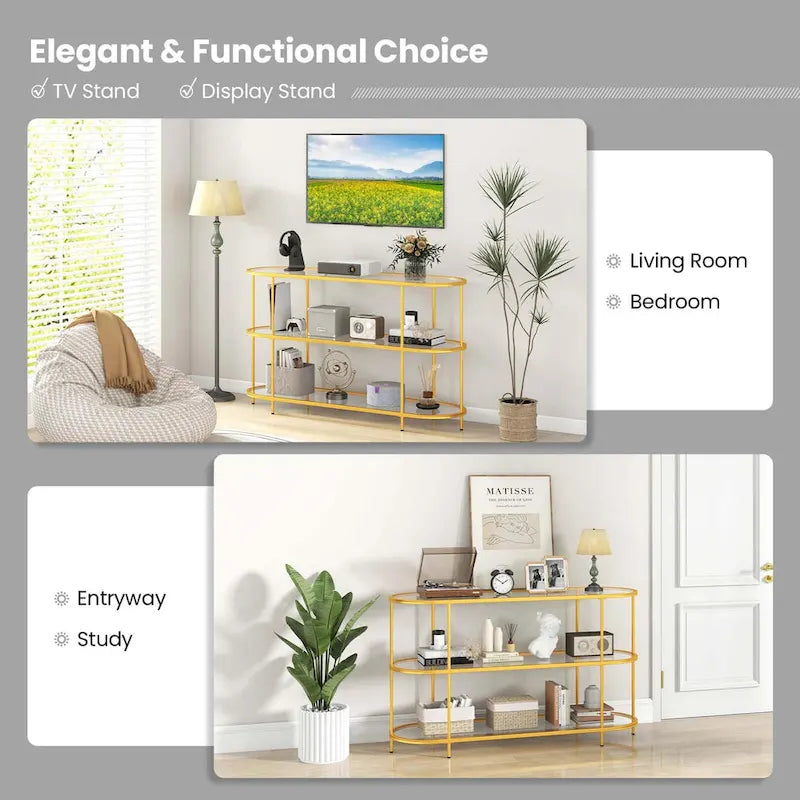3-Tier TV Stand for TVs up to 65" with Tempered Glass Shelves - Gold