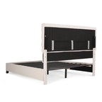 Platform Queen Size Bed, Ivory Polyester, Button Tufting