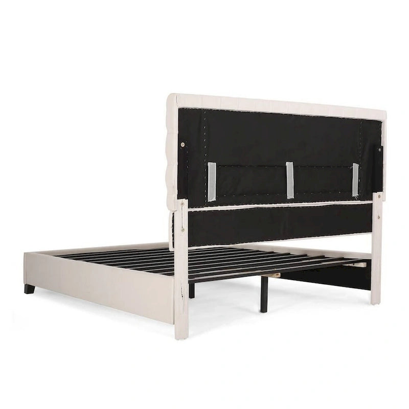 Platform Queen Size Bed, Ivory Polyester, Button Tufting