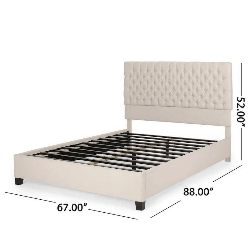 Platform Queen Size Bed, Ivory Polyester, Button Tufting