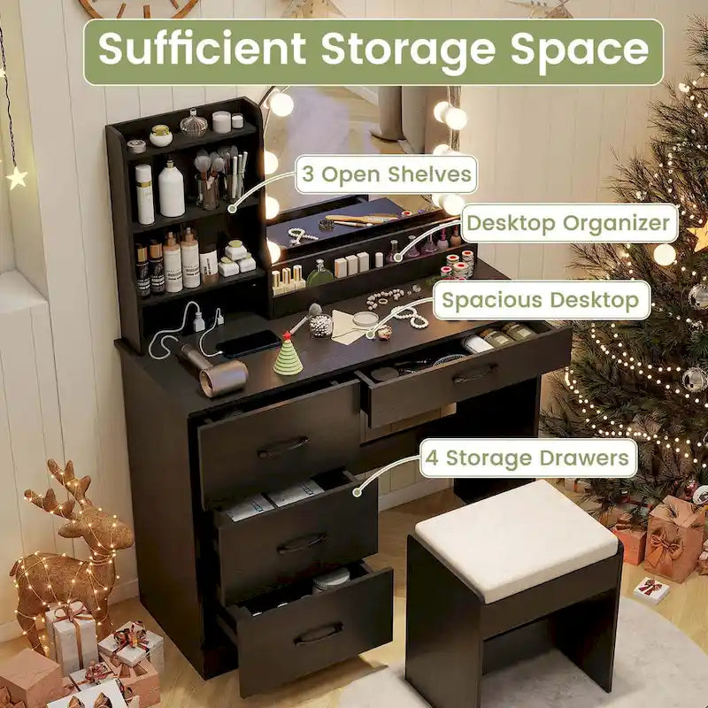 Vanity Set with Lighted Mirror and Stool
