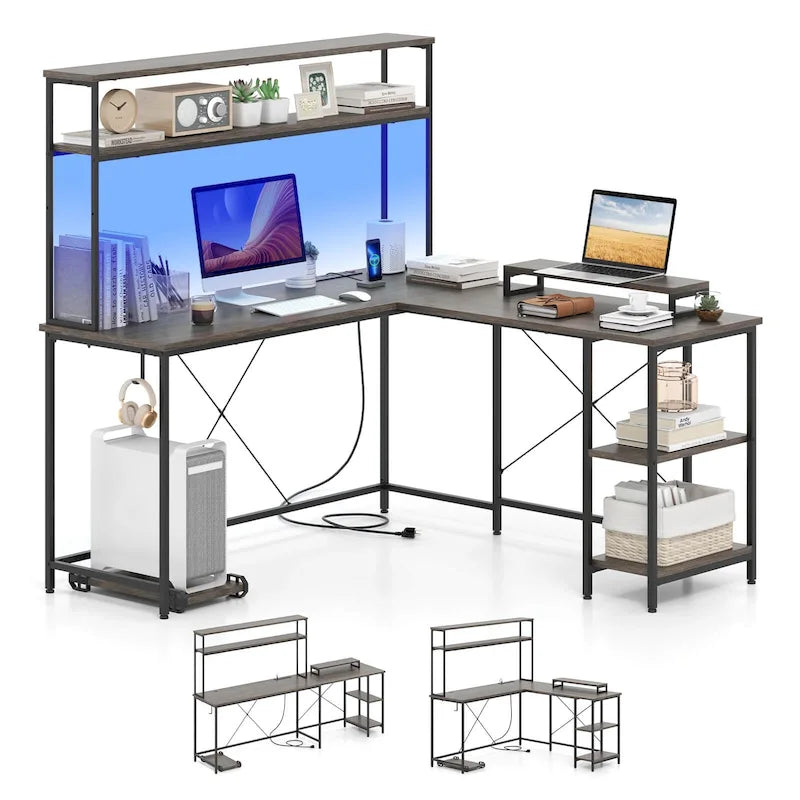 Bureau de jeu en L avec bande LED et prises de courant