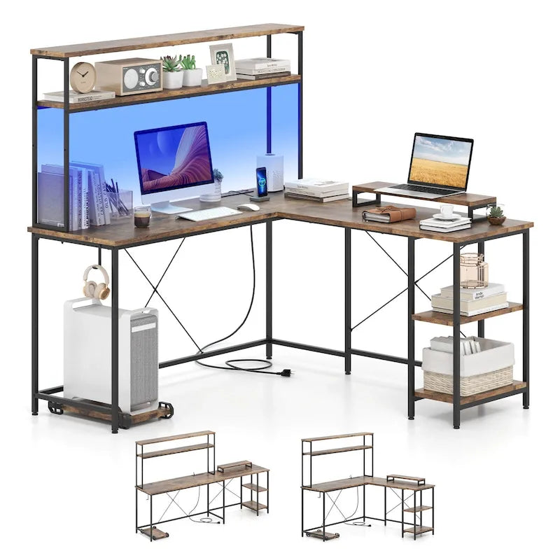 Bureau de jeu en L avec bande LED et prises de courant