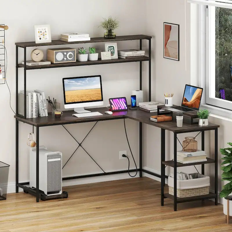 L-Shaped Gaming Desk with LED Strip & Power Outlets