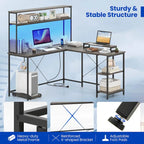 L-Shaped Gaming Desk with LED Strip & Power Outlets