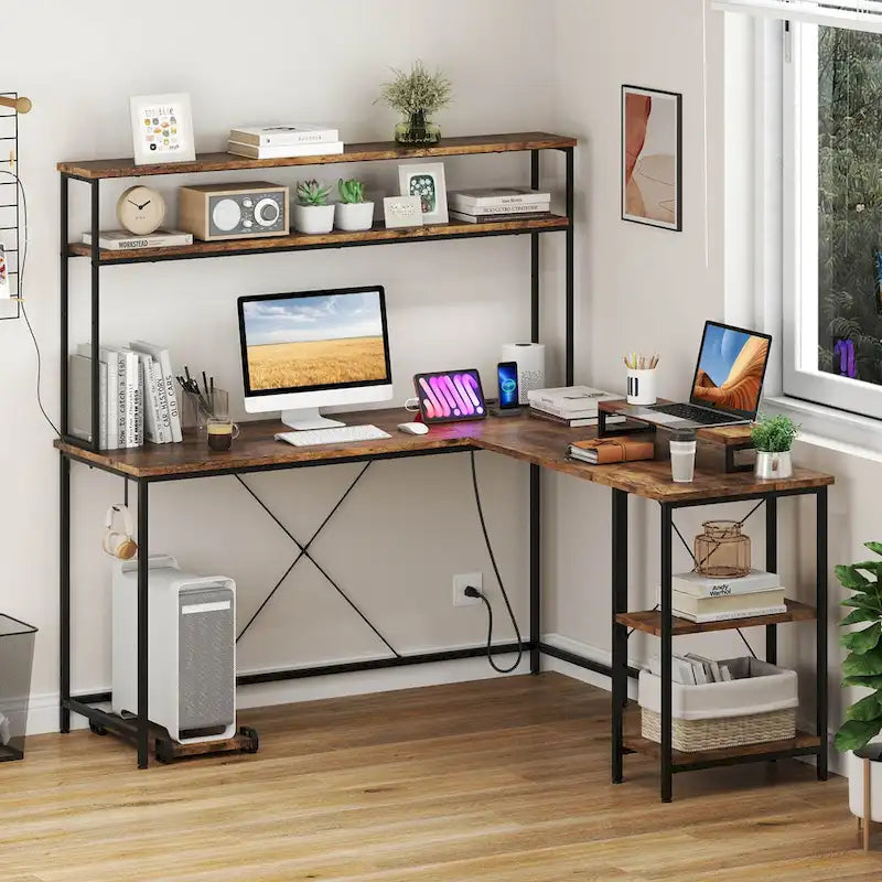 L-Shaped Gaming Desk with LED Strip & Power Outlets