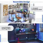 L-Shaped Gaming Desk with LED Strip & Power Outlets