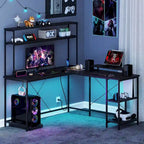 L-Shaped Gaming Desk with LED Strip & Power Outlets
