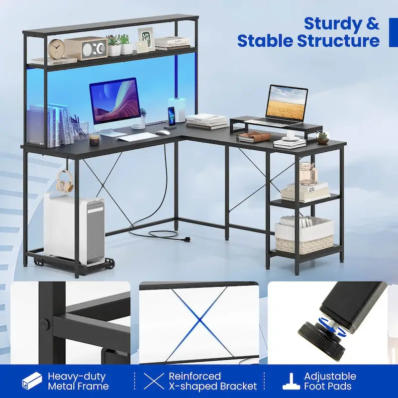 L-Shaped Gaming Desk with LED Strip & Power Outlets