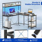 L-Shaped Gaming Desk with LED Strip & Power Outlets
