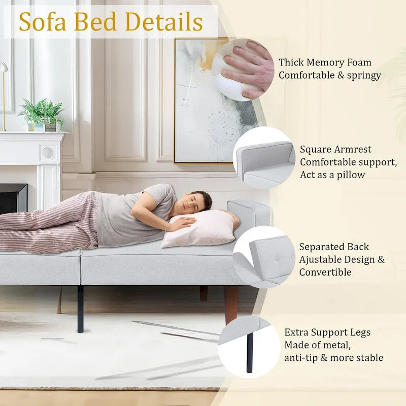 68 in. Twin Size Convertible Sofa Bed with Tufted Split Back and Adjustable Positions, 5 Colors