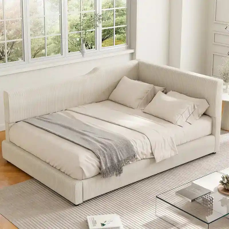 Full Size L-Shaped Daybed with Solid Wood Frame, 500 lbs Weight Capacity