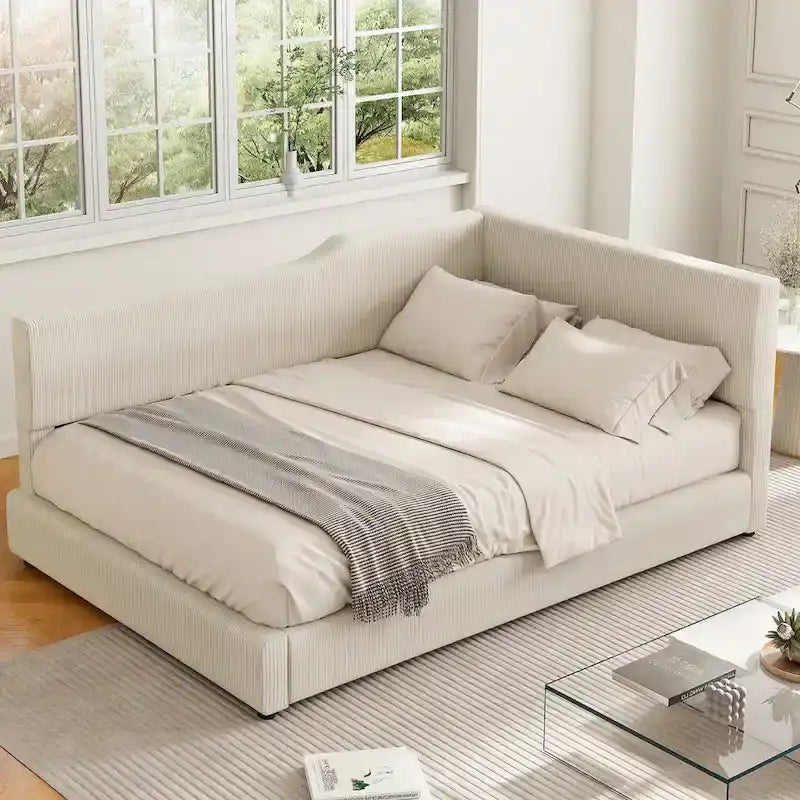 Full Size L-Shaped Daybed with Solid Wood Frame, 500 lbs Weight Capacity