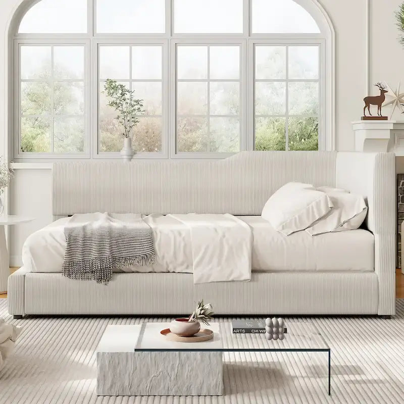 Full Size L-Shaped Daybed with Solid Wood Frame, 500 lbs Weight Capacity
