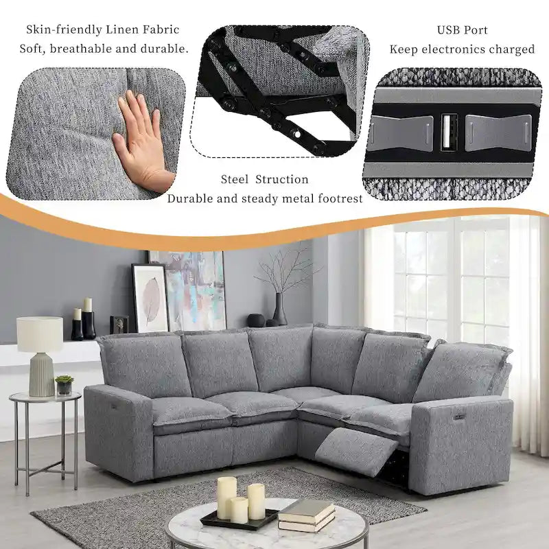 L-Shaped 5-Seater Power Recliner Sofa with USB Port