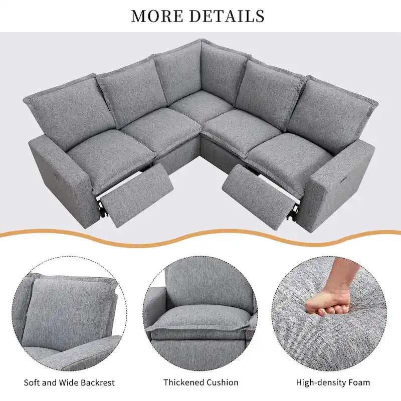 L-Shaped 5-Seater Power Recliner Sofa with USB Port