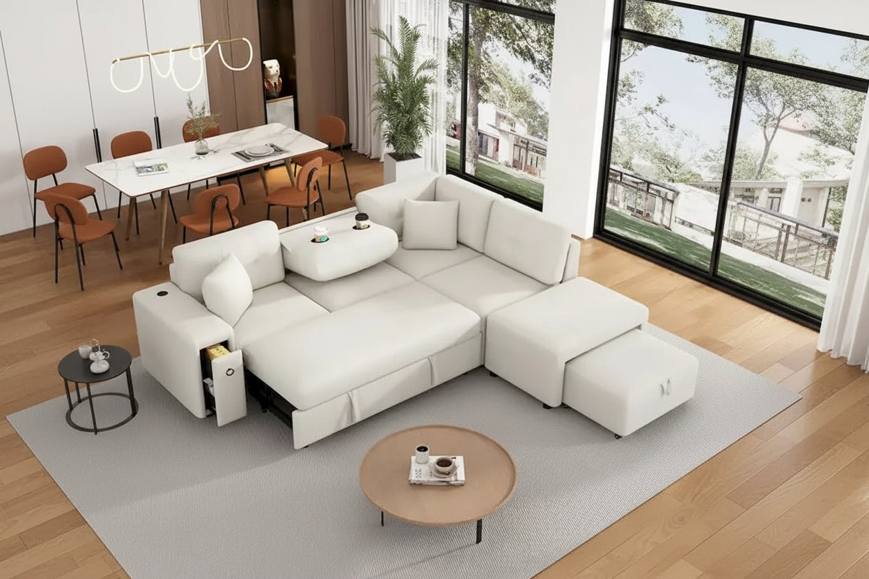 86.6 L-Shaped 4 Seater Sectional Sofa with Pull-Out Bed, Movable Ottoman, USB Ports, and Cup Holder Drop-Down Table