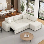 Canapé d'angle 4 places avec lit gigogne, pouf, ports USB et tablette rabattable
