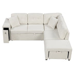 Canapé d'angle 4 places avec lit gigogne, pouf, ports USB et tablette rabattable