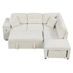 Canapé d'angle 4 places avec lit gigogne, pouf, ports USB et tablette rabattable