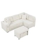 Canapé d'angle 4 places avec lit gigogne, pouf, ports USB et tablette rabattable