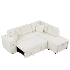 Canapé d'angle 4 places avec lit gigogne, pouf, ports USB et tablette rabattable