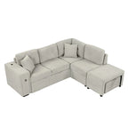 Canapé d'angle 4 places avec lit gigogne, pouf, ports USB et tablette rabattable