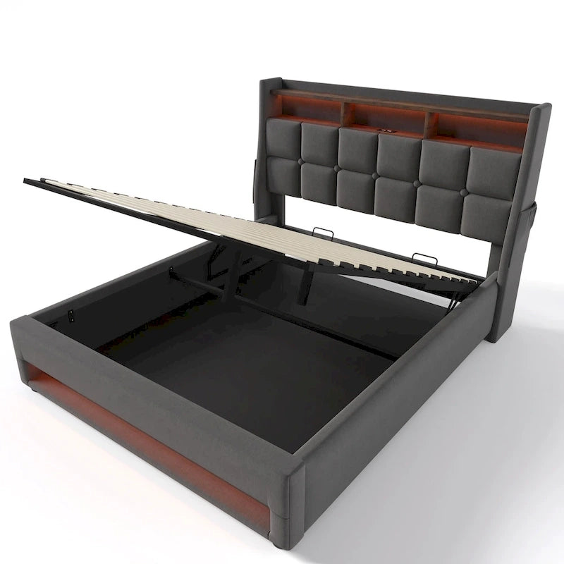 Grey Full Size Upholstered Platform Bed with Hydraulic Storage, LED, and USB Charging